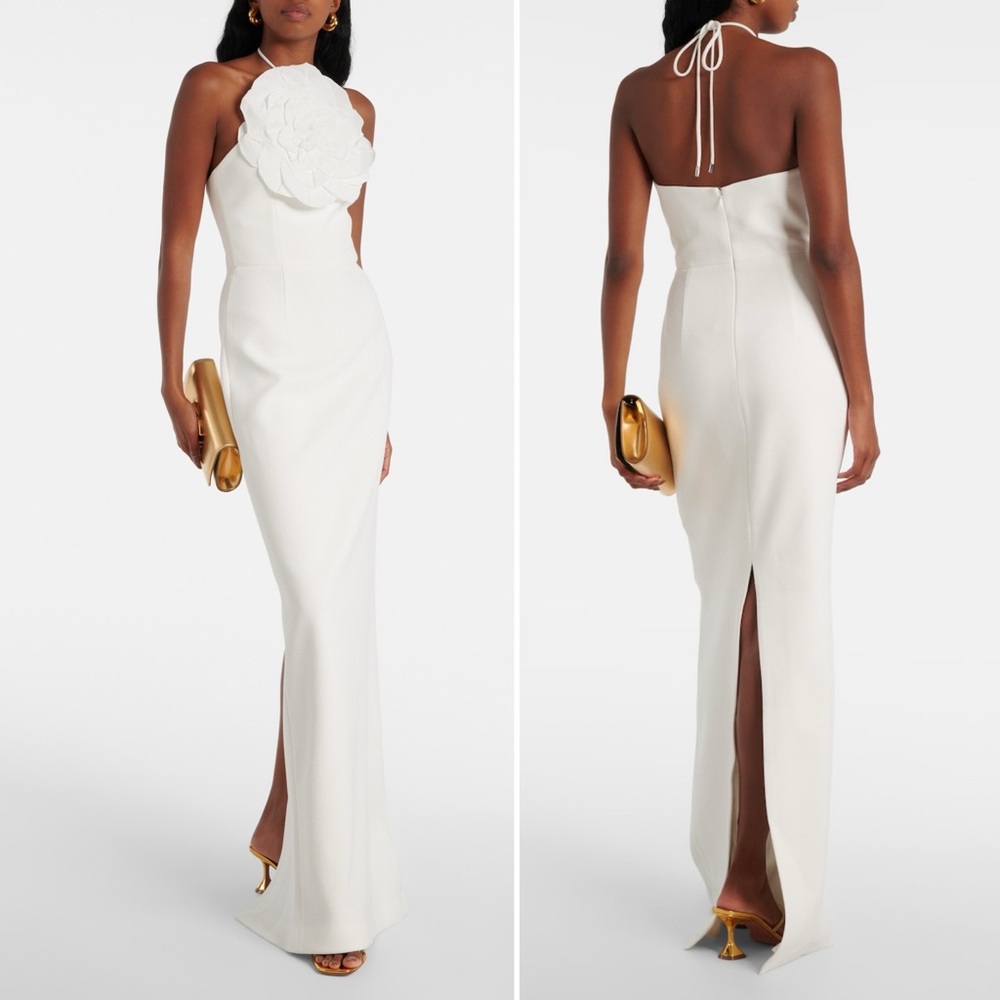 Rebecca Vallance White Halter Gown with Floral Applique